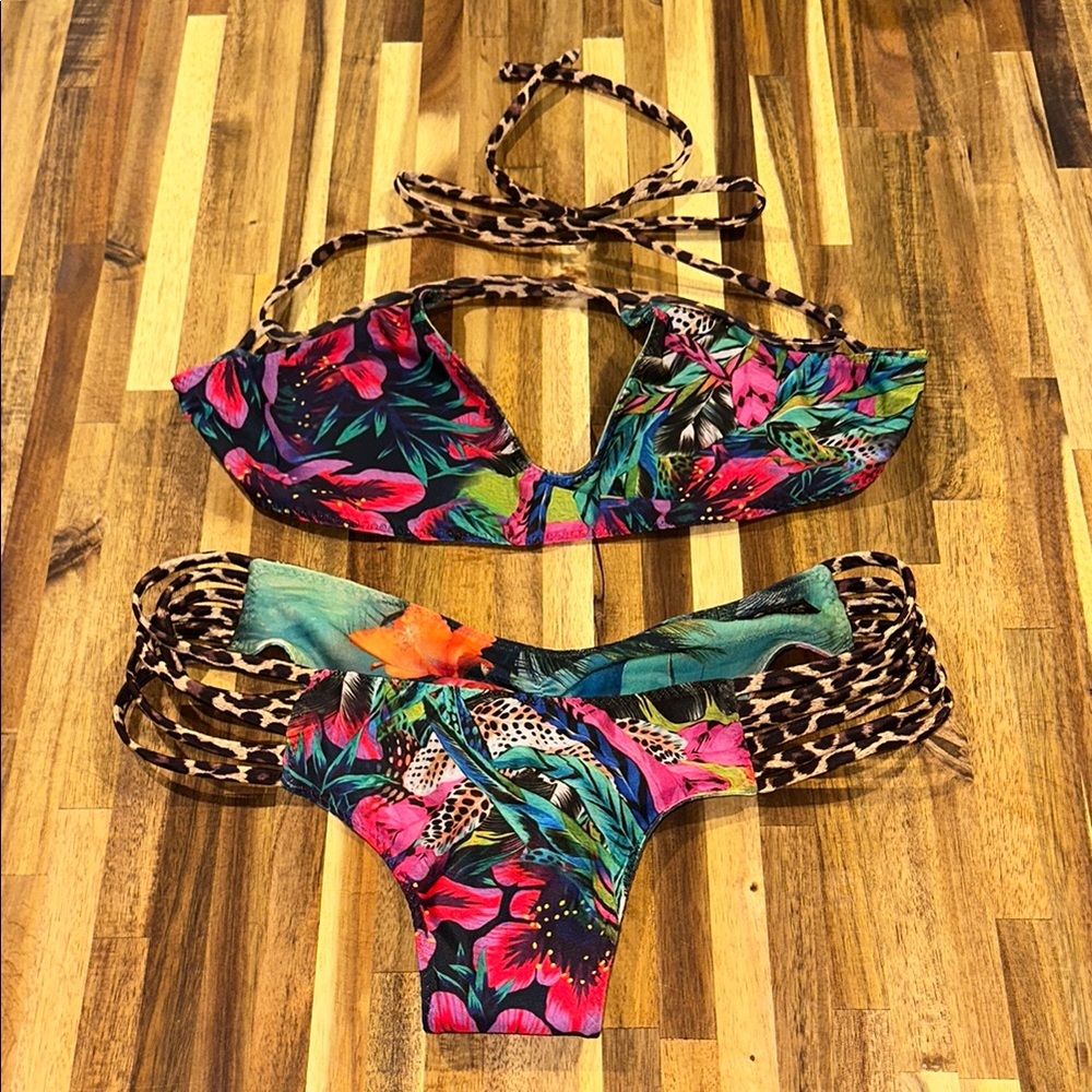 Savage Swim Tropical Print Bikini with Leopard Straps